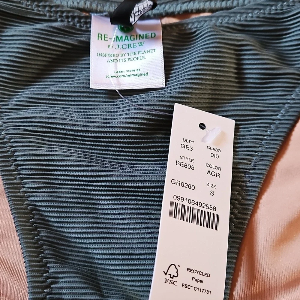 J Crew Green-Gray Textured Bikini Bottom, Side Tie, New With Tags & Liner, Sz S